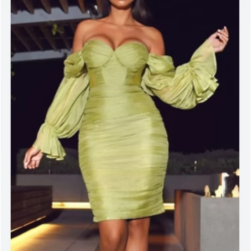 Miss Circle,Couture Clothier,Siren Olive, Silk Mesh,Lantern Sleeve Draping Dress
